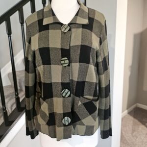 Habitat Black and Dark Olive Plaid Button-Front Sweater/Jacket (Size L)